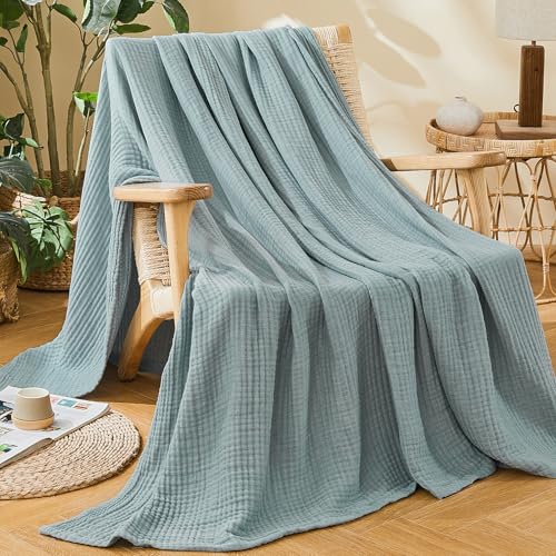 EMME Cotton Muslin Twin Blanket Breathable Gauze Soft Lightweight Blankets Adults Gifts for Women (Heather Teal, 60"x80")