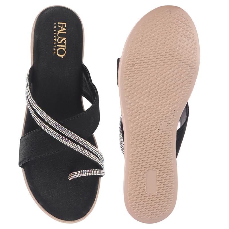 Image of FAUSTO Women Embellished Shimmery Cross Strap Toe Ring Wedding Slip On Slippers | Soft Cushioned Footbed Wedge Sandals | Party, Mehndi, Festive