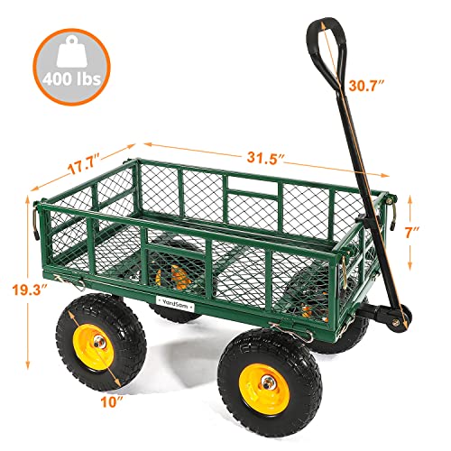 Yardsam Heavy Duty Steel Garden Cart With No-Flat Tires And Liner, 400Lb Capacity Lawn Yard Wagon With Flat-Free Tire Solid Wheels And Removable Sides For Outdoor, Gardening, Farm, Ranch - Green #TOP1