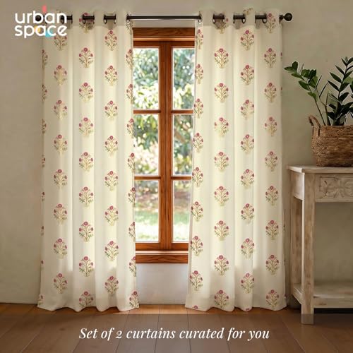 Image of Urban Space 100% Cotton Curtains with Gold Foil Print | Upto 60% Light Blocking Window Curtain 5 feet I Set of 2 Decorative Curtains with Eyelets and Tieback Included (Zari Mohar Pink Gold - 5 feet)
