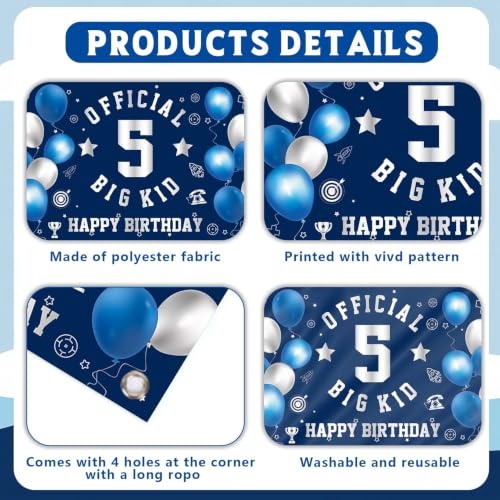 Image of Happy 5th Birthday Banner Backdrop 5th Birthday Decorations for Boys | Large Official Big Kid 5 Year Old Backdrop Fifth HBD Party Decorations Supplies, Navy Blue Silver