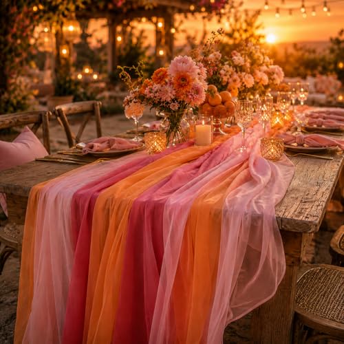 Red Pink Orange Table Runner Sunset Party Decorations Boho Chiffon Fabric Cloth 10ft Rustic Tablerunners for Wedding Birthday Baby Bridal Shower Graduation Summer Fall Outdoor Party Decor Supplies by SEBMNOO - Used condition - Image 7