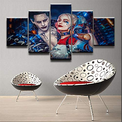 BAIOKAISHUII Arte de Pared Impresiones 5 Paneles película Suicide Squad Harley Quinn Joker póster...