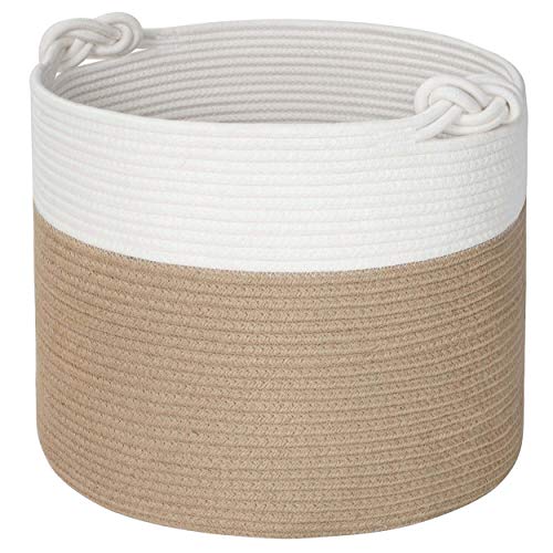 MINTWOOD Design 15 x 14.2 Inches Woven Cotton Rope Storage Basket, Stuffed Toy Basket Bin, Laundry Basket Hamper, Nursery Basket, Dog Toy Basket, Blanket Basket, Gift Basket, Jute