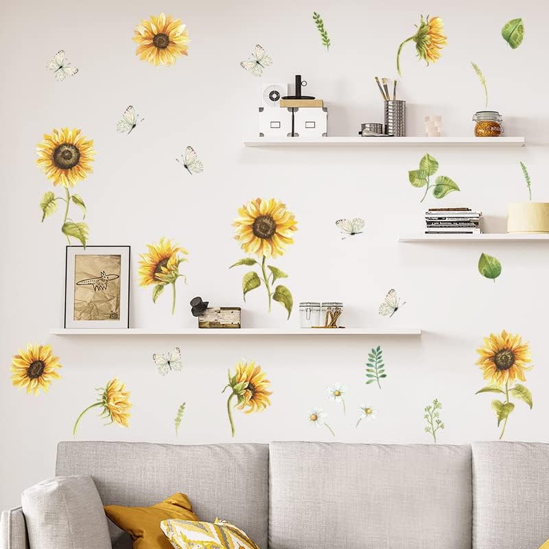 fanquare Calcomanías de pared con diseño de margaritas y abejas de girasol, decoración de pared para el hogar, oficina, decoración de pared para