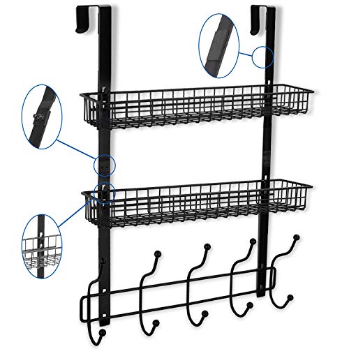 KEIMIX Coat Rack, Over The Door Hanger with Mesh Basket, Detachable Storage Shelf