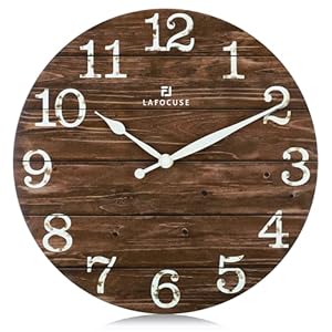 Lafocuse 12 Inch Silent Wooden Brown Wall Clock Farmhouse Rustic Battery Operated, Shabby Chic Distressed Kitchen Clock Decorative for Living Room Bedroom Office-Version 2.0