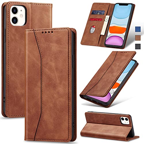 Jasonyu Flip Carteira Capa para iPhone 11,Capinha Folio Magnética de Couro com Suporte para Cartão,Suporte para Chute - Protetora Durável de TPU à Prova de Choque para Telefone,Marrom