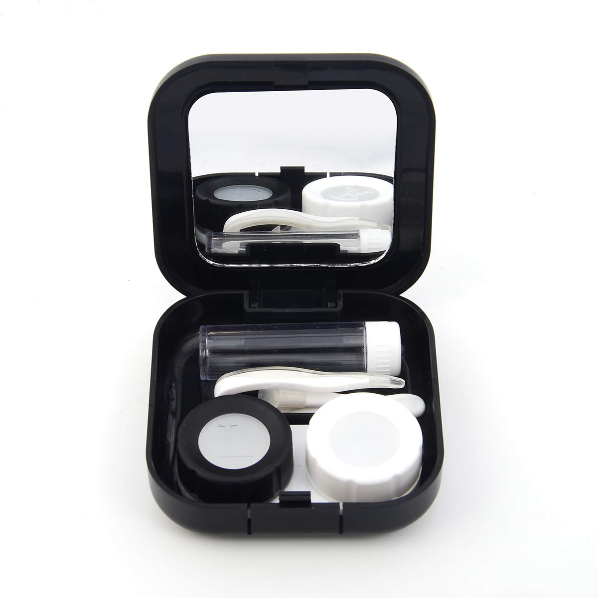 Adecco LLC Portable Contact Lens Case Travel Kit Mirror +bottle + tweezers Container Holder (black) : Health & Household