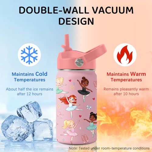 Image of Ballet Water Bottle for Son & Daughter, Stainless Steel Insulated Tumbler with Straw Lid and Handle, 12oz Reusable Leak-Proof Bottle for Sports