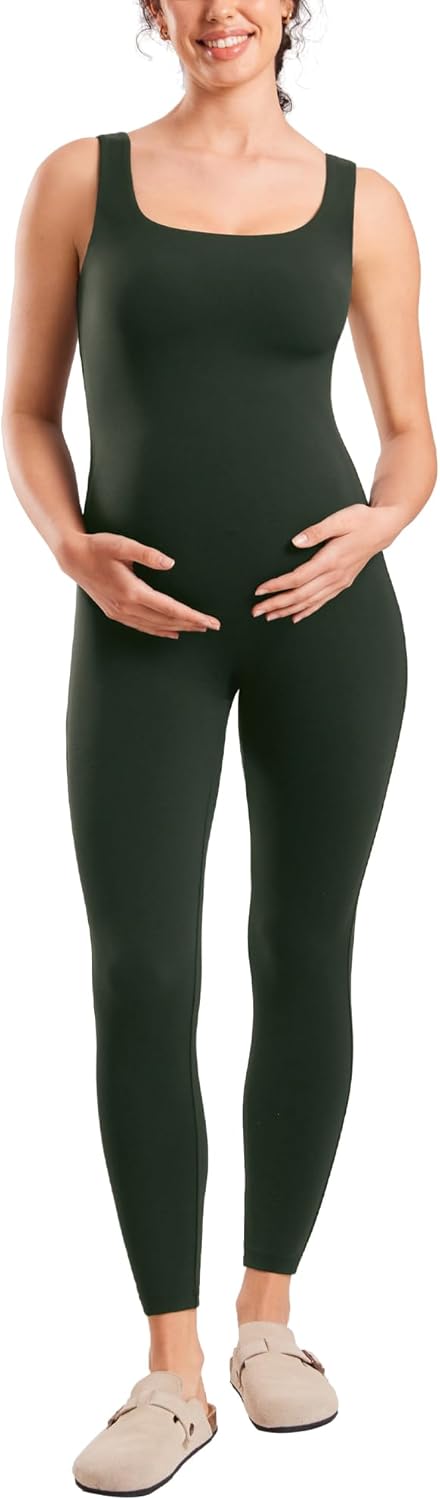MOMANDA Maternity Jumpsuit Workout Romper for Pregnancy Seamless Leggings Bodysuit Sleeveless Square Neck Tank Top