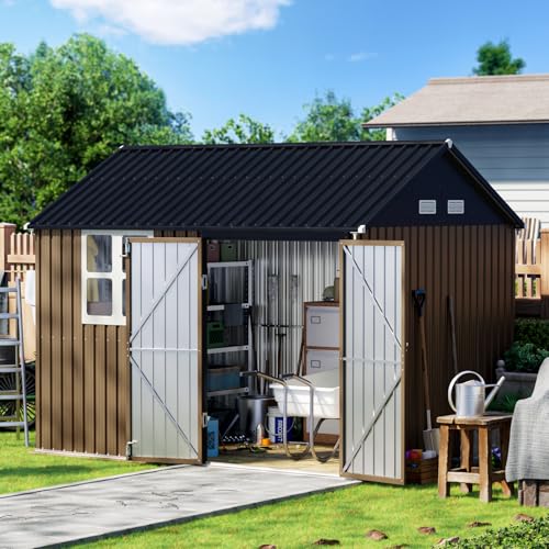 MistMo 10X8FT Outdoor Steel Storage Shed with Lockable Doors, One Big Window,Ideal for Garden, Backyard, Patio Storage,Brown