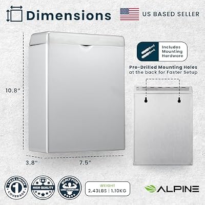 Alpine Sanitary Napkin Receptacle Wall Mounted Tampon Holder For Bathroom Provides Clean & Odor-Free Restroom for Home, Office & Public Restrooms (Stainless steel)