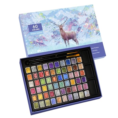 GlisDyck Mini Shimmer Watercolor Paint Set 60 Colors Glitter Metallic Watercolour Painting Sets Solid Pearl Water Color Paints for Artists Amateur Hobbyists and Painting (60 Colours)