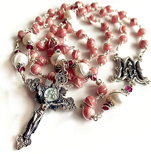 elegantmedical Handmade Sterling Silver Wire Wrapped UNDOUBTED RHODOCHROSITE &10mm Real Pearl Beads Rosary Cross/Crucifix Necklace Box Catholic Womens Gift2