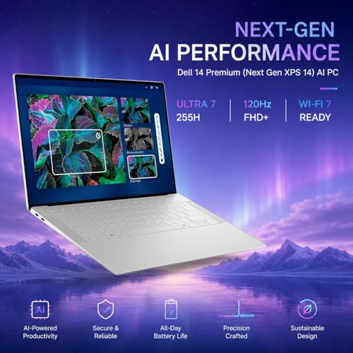 Image of Dell 14 Premium (Next Gen XPS 14) AI PC Business Laptop, (14.5 inch FHD+ 120Hz, Intel Core Ultra7 255H, 16GB DDR5, 1TB SSD), 3x Thunderbolt 4, Backlit, 1080p RGB IR Webcam, Wi-Fi 7, Win 11 Pro, Platinum