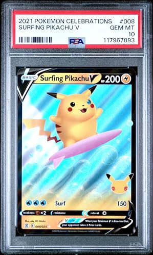 Pokemon TCG, PSA Graded 10 GEM Mint, Surfing Pikachu V #008, Celebrations, Fully Encapsulated Bundle...