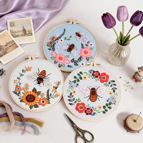 Image of Uniartfy 3 Pack Bee Flower Embroidery Kits for Beginners, Cross Stitch Kit for Adults, DIY Needlepoint with Embroidery Hoop, Tools, Easy to Learn Video & Instructions, Hand Embroidery Starter Kit