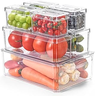 ECUCM Set of 7 Fridge Organisers Stackable Storage Containers with Lids Clear Plastic Storage Bins for Fruits Vegetable Freezer Kitchen Pantry Cabinet Cupboard