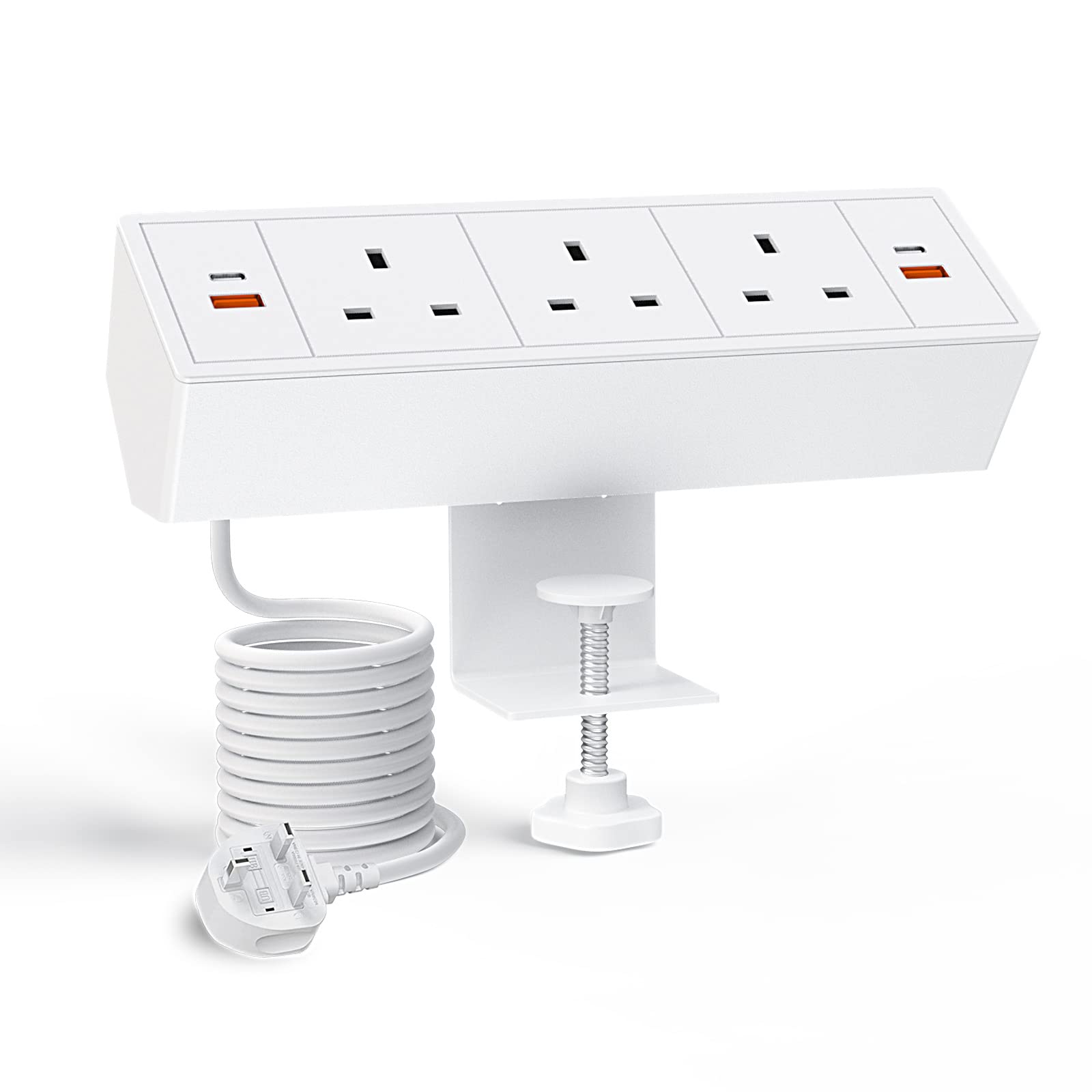 Haiaoyyds Desk Power Socket With 3 UK Plugs, 2 USB C Ports, 2 USB A Ports, and 3M Cable Extension Lead for Home Office, White