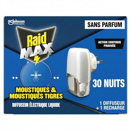 Raid Max Diffuseur Électrique Liquide - Anti-Moustiques et Moustiques Tigres 30 Nuits - Protection Continue & Nuits Sereines - Sans Parfum - 1 Diffuseur + 1...