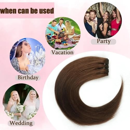 Extensiones de cabello natural de clip, pelo humano castaño de 60 cm y 8 piezas lisas 7