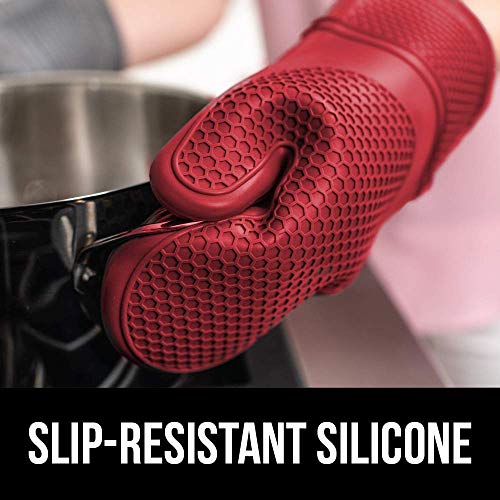 Gorilla Grip Silicone Oven Mitts Set Of 2 And Vegetable Peeler, Both In Red Color, Oven Mitts Have Soft Quilted Lining, Peeler Has Swivel Blade, 2 Item Bundle #TOP1