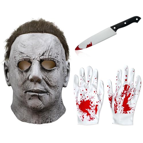 HUTRADE Máscara Michael Myers Halloween - com luvas e faca de brincar - látex realista, cabeça completa unissexo para adultos, ideal para cosplay, carnaval e festas de terror (cinzento)