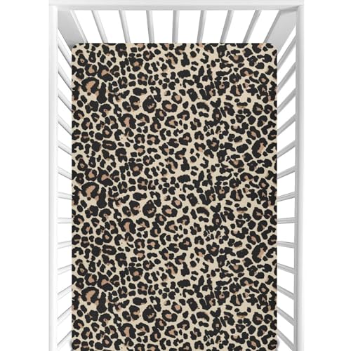 Image of CaTaKu Baby Crib Sheets Brown Leopard Animal Print Mini Crib Sheets Fitted for Girls Boys,Neutral Soft Toddler Mattress Bed Sheets for Crib,28"x 52"