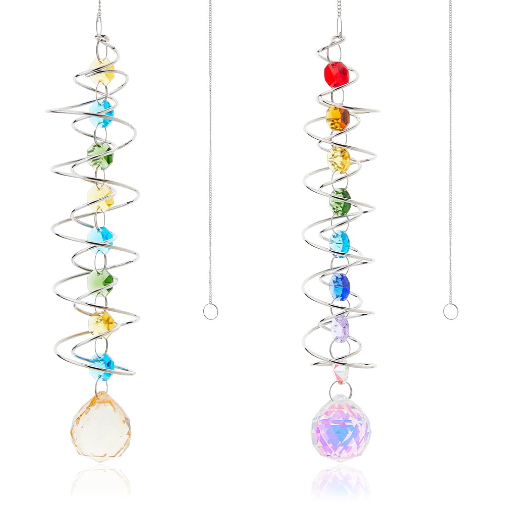 Hobbspring 2Pcs Glass Wind Chime 2 Colors Gazing Ball Spiral Tail Crystal Decorative Sun Catchers with Chakra Beads for Indoor Outdoor Garden