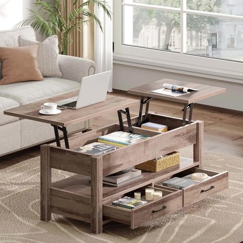 Rolanstar Table Basse en Bois avec Plateau Relevable, Table de Salon avec 2 Tiroirs, Grand Rangement Caché et Compartiment Ouvert, Style Scandinave pour...