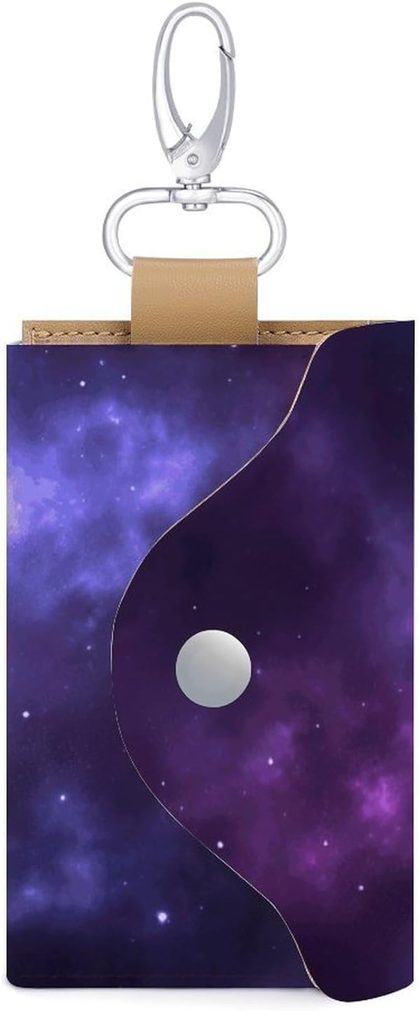Magic Galaxy Sky Purple Key Pouch, PU Leather Key Holder, Personalized Snap Closure Key Bag with Card Slot & Coin Pocket, Portable Key Organizer for Car Keys House Keys, Men Women