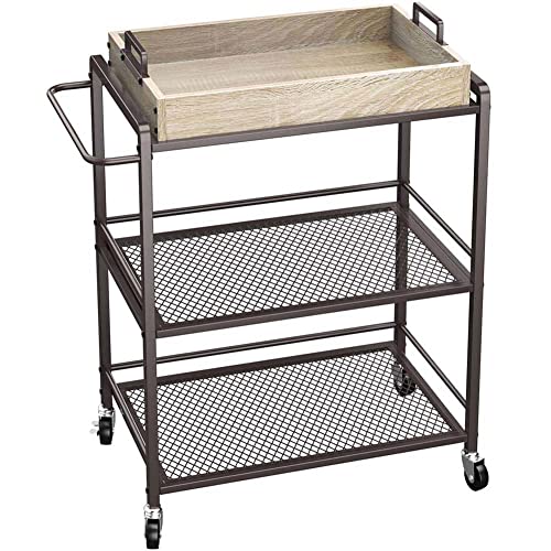 BAKAJI Carrello Cucina 3 Ripiani Industrial con Ruote Girevoli e Vassoio Colazione Legno removibile, Carrellino Salvaspazio, Multiuso, Trolley Estetista, Struttura Metallo, 65 x 33 x 91H cm (Bronzo)