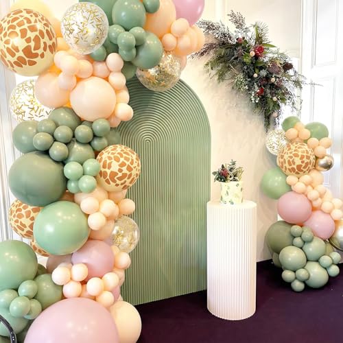 Image of Sage Green and Pink Balloons, 60PCS Deer Printed Balloons Confetti, 12 Inch Dusty Pink Champagne Gold Apricot Balloon Helium for Jungle Safari Birthday Woodland Baby Shower Wedding Party Decorations