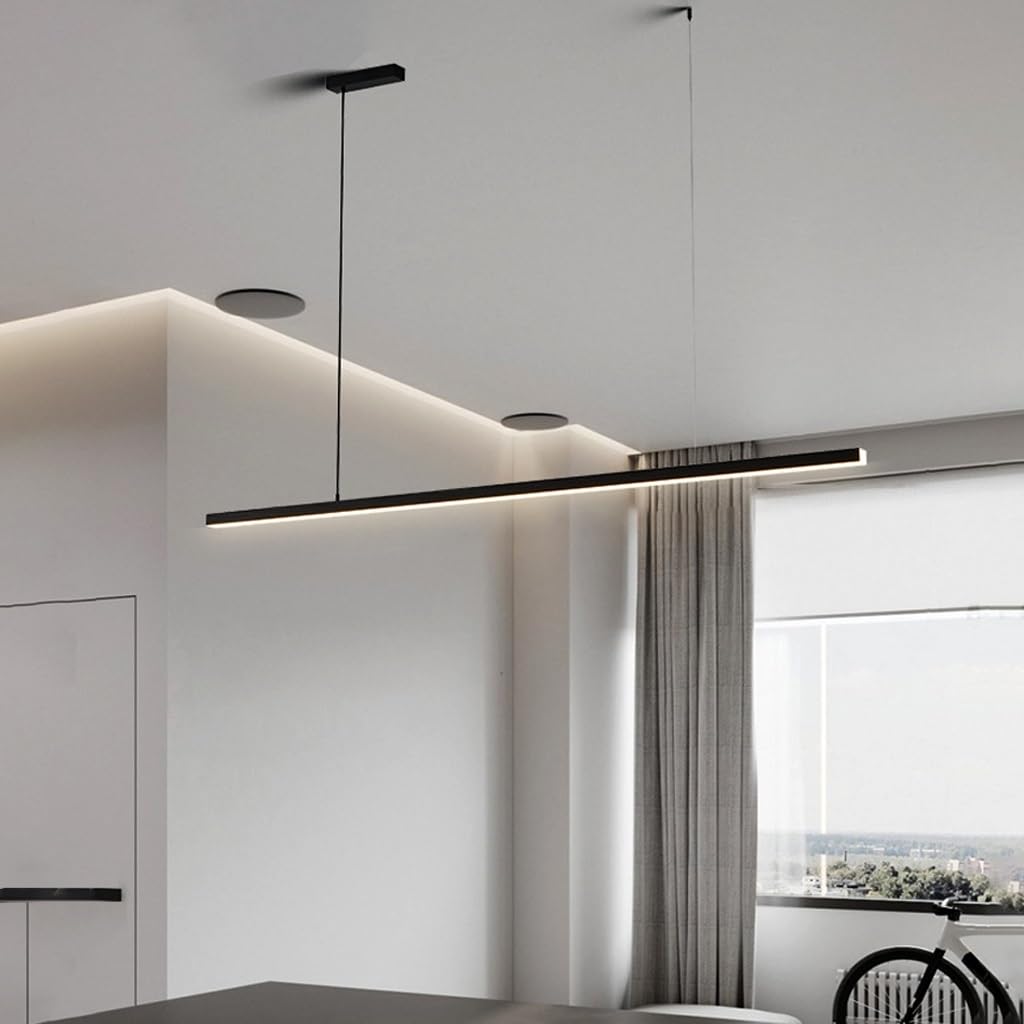 Suspension Luminaire LED Dimmable Moderne Luminaire Suspension Noir Salle À Manger Avec Télécommande Design Linéaire Réglable Lampe À Suspension Pour Îlot De Cuisine Bureau 150cm,64W