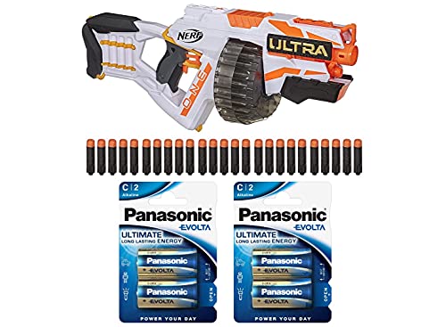 NERF Ultra One Motorized Blaster in recycelbarer Verpackung, 25 Nerf Ultra Darts + 2X Panasonic EVOLTA C-Alkalibatterien…