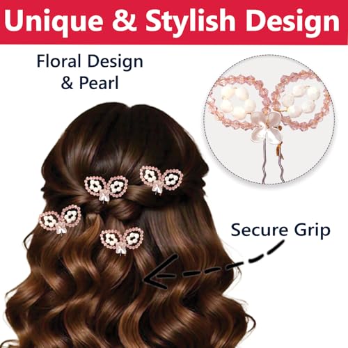 Image of TEMPERIA (4 pcs) Crystal U Pin Hair Accessories For Women & Girls - Artificial Flowers Bun Juda Bridal Pins for Hairstyle & Decoration - Pins & Clips for Style of Bride - Pink & White (MN01)