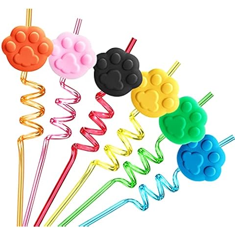 24 Paw Print Drinking Straws with 2 PCS Straws Cleaning Brush for Pet Dog Puppy Pals Cat Birthday Party Supplies Favors Cover