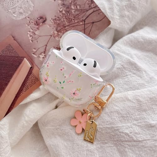 Image of MINSCOSE Compatible with AirPods 4 Clear Case, Cute Cartoon Flower Pattern Design with Aesthetic Floral Keychain Soft TPU Protective Shockproof Cover for AirPods 4 for Women Girls-Pink