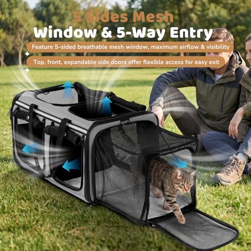 Expandable Extra Large Cat Carrier for 2 Cats, Double Cat Travel Carrier Bag with Litter Box, Foldable Breathable Soft Sided Pet Dog Carrier with Divider for Car Travel, Outdoor & Vet Visit - Image 5