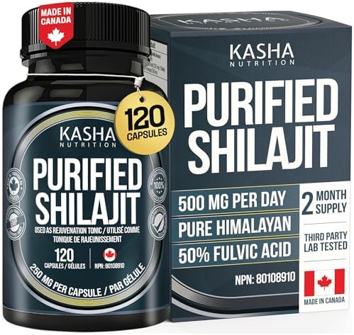 New! Kasha Purified Shilajit Capsules (Pure Himalayan, 120 Caps) 500 mg per Day 50% Fulvic Acid (250 mg per Cap, 60 Day Supply). Harvested from Himalayas & Indian Mountains. Shilajit for Men & Women. Promote Rejuvenation. Alleviate Painful Urination Associated with Urinary Tract Disorders. 120 Easy to Swallow Capsules