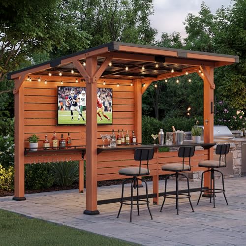 WACASA 10x8 FT Outdoor Bar Gazebo with Entertainment Center Warm Cedar