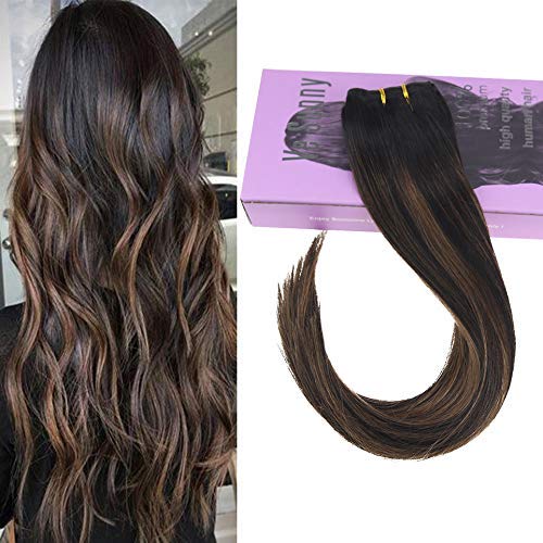 22inch Clip in Hair Extensions Balayage Human Hair Color #1B Natural Black Fading to #6 Madium Brown Mixed Black Balayage Clip in Hair Extensions 7pcs 120g Per Package