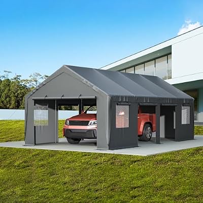 Thanaddo Carport 13'x25'x10' Heavy Duty with Roll-up Sidewall and Ventilated Windows, Portable Outdoor Garage for Car, SUV, Boat, Gray