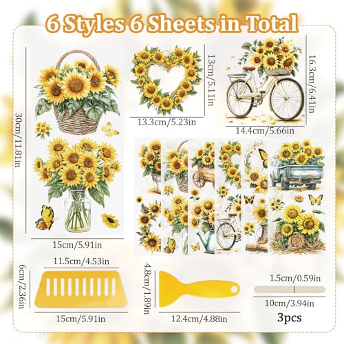 WANDIC 6PCS Rub On Transfer Sticker, Sunflower Theme Transfer Decals for DIY Scrapbooking Photo Albums Furniture Envelope 11.8 * 5.9in - Image 2