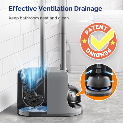 Image of HAMITOR Toilet Plunger and Brush Set for Bathroom Cleaning with Extented Handle - Heavy Duty Toilet Plunger Combo Accessories with Caddy Stand Holder for Small Space - Gray