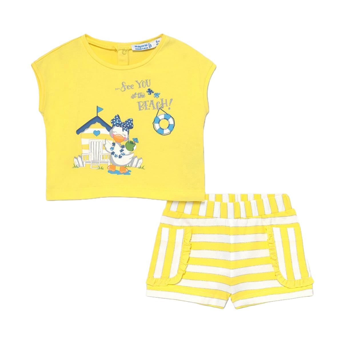 Sommer-Set für Mädchen, 2-teilig, gelbes T-Shirt mit Druck, Shorts mit weißen und gelben Streifen, Freizeitanzug, bequemes und buntes Outfit für den Sommer 1229