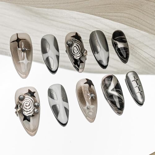 Sun&Beam Nails Handmade Press-on Medium Amlond Black Silver Brown Rhinestone Star Ombre Design Fashion False Nail Tips 10 Pcs Set (#186 M)