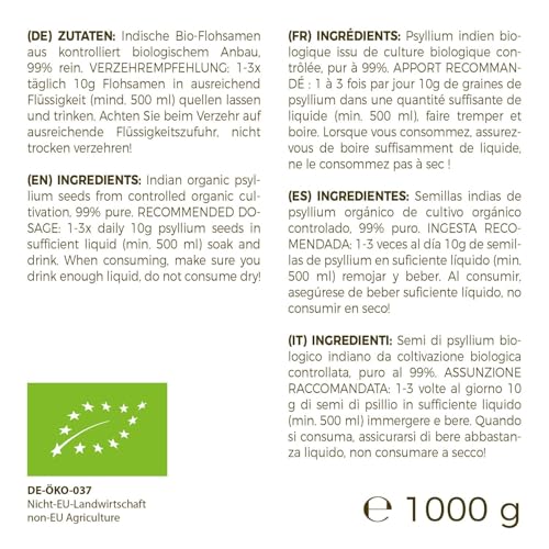 GreatVita Bio Flohsamen 1000g | 99% rein & von Natur aus glutenfrei | Hochwertige Ballaststoffquelle in Rohkostqualität | Vegan, ohne Zusätze, abgefüllt in Deutschland | GreatVita