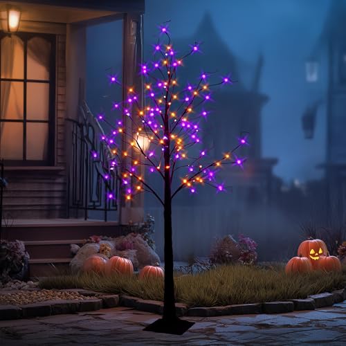 TW SHINE 6FT Halloween Lighted Black Birch Tree 144 LED Purple and Orange Lights Artificial Spooky Tree with Timer Waterproof Halloween Decoration for Indoor Outdoor Home Party Decor
